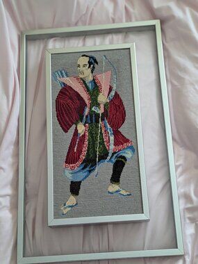 Vintage Framed Samurai Needlepoint Wall Art